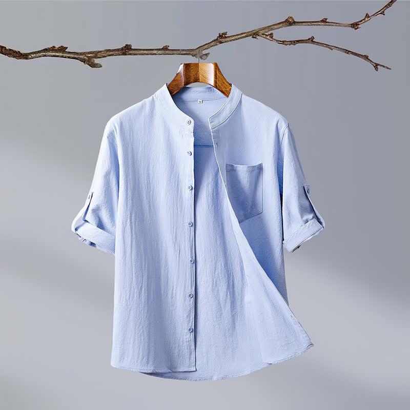 Buddha Stones Chemise d'été décontractée à col mandarin pour homme, en coton uni, manches courtes et poches plaquées. - Bleu poudré - US/UK/AU46, EU56 (5XL) - image 1
