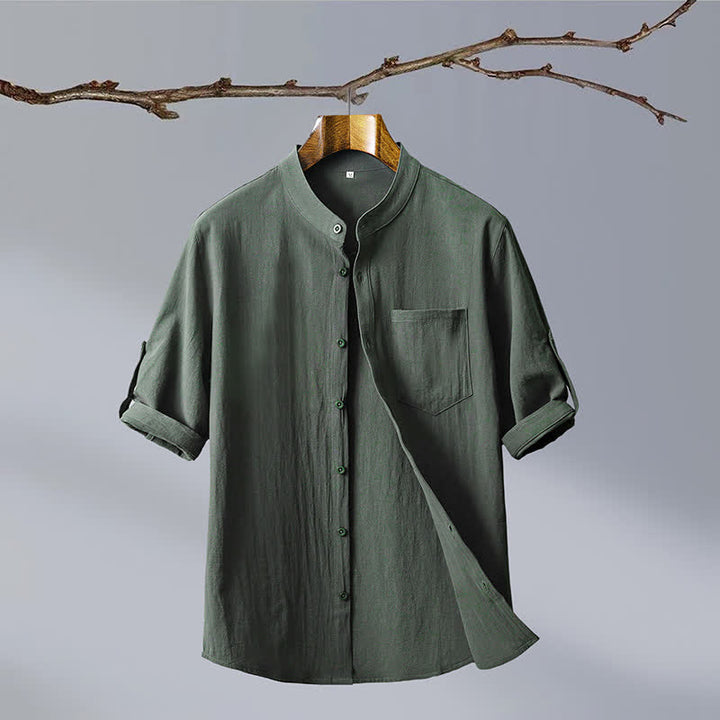 Buddha Stones Chemise d'été décontractée à col mandarin pour homme, en coton uni, manches courtes et poches plaquées. - Vert olive foncé - US/UK/AU46, EU56 (5XL) - image 0