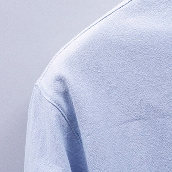 Buddha Stones Chemise d'été décontractée à col mandarin pour homme, en coton uni, manches courtes et poches plaquées. - image 4