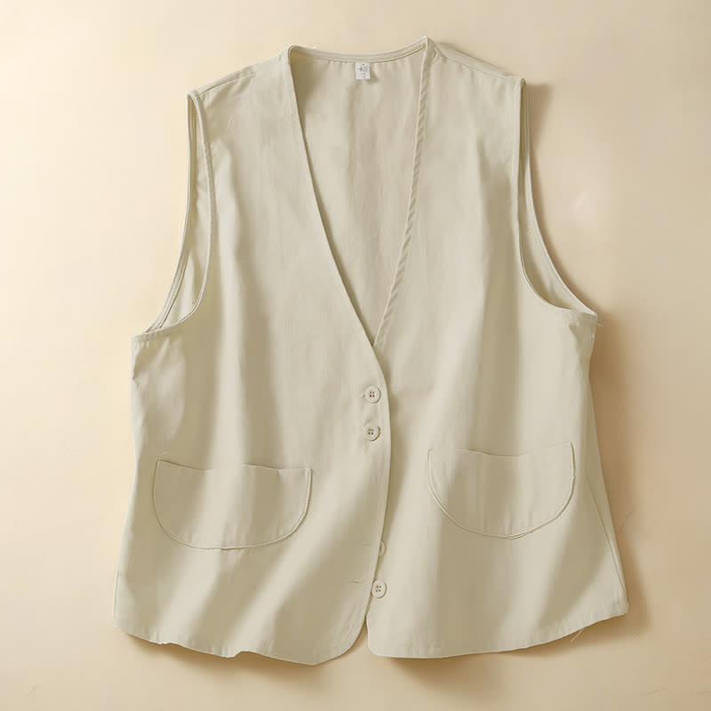 Buddha Stones Débardeur d'été minimaliste et décontracté pour femme, à boutons, uni, avec poche - Beige - US14, UK/AU18, EU46 (2XL) - image 0