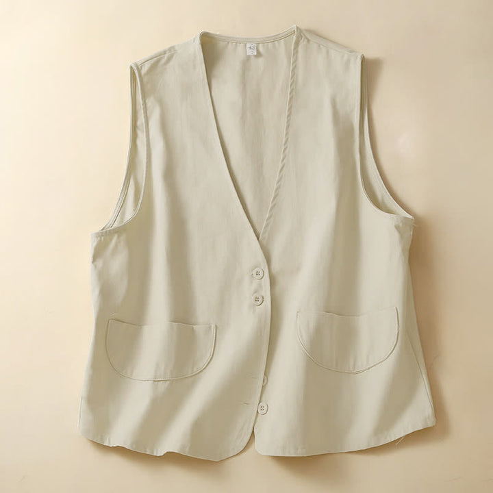 Buddha Stones Débardeur d'été minimaliste et décontracté pour femme, à boutons, uni, avec poche - Beige - US14, UK/AU18, EU46 (2XL) - image 0