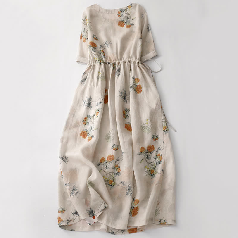 Buddha Stones Robe d'été vintage beige à col rond fleuri, manches courtes et poches, avec cordon de serrage et col rond. - image 1