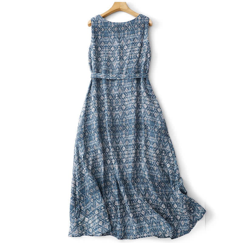 Buddha Stones Robe d'été bohème bleue à cordon de serrage et motifs géométriques, sans manches et avec poches, pour femme - image 1