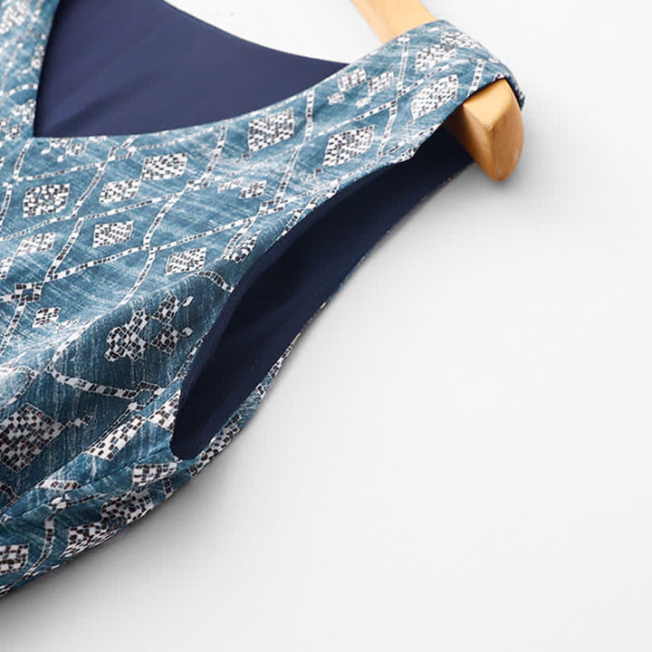 Buddha Stones Robe d'été bohème bleue à cordon de serrage et motifs géométriques, sans manches et avec poches, pour femme - image 3