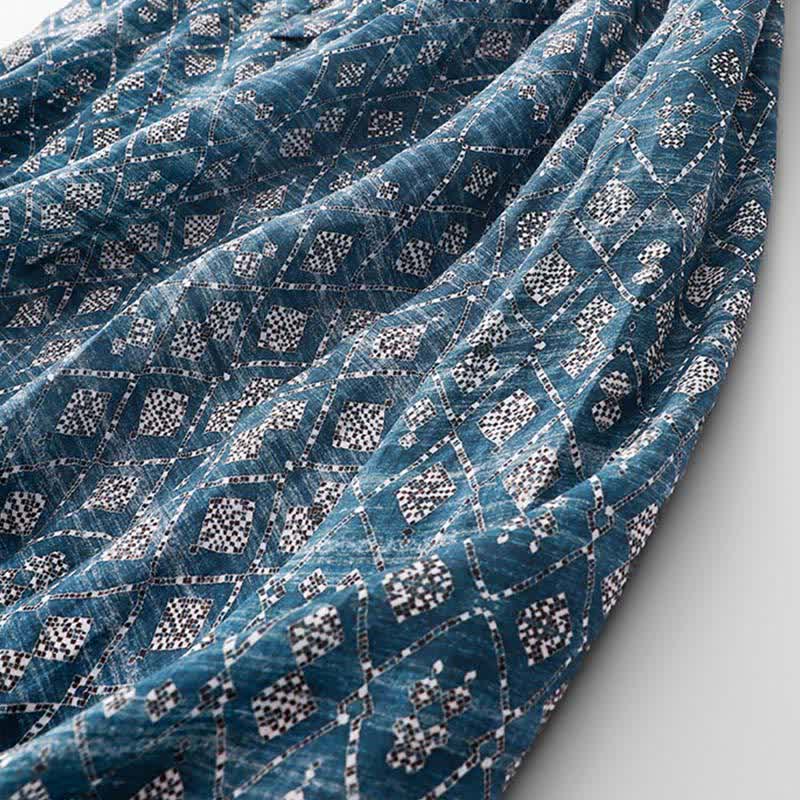 Buddha Stones Robe d'été bohème bleue à cordon de serrage et motifs géométriques, sans manches et avec poches, pour femme - image 5
