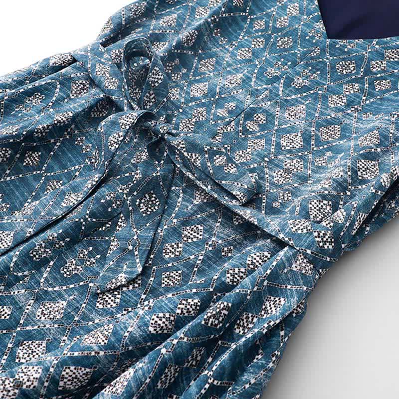 Buddha Stones Robe d'été bohème bleue à cordon de serrage et motifs géométriques, sans manches et avec poches, pour femme - image 4
