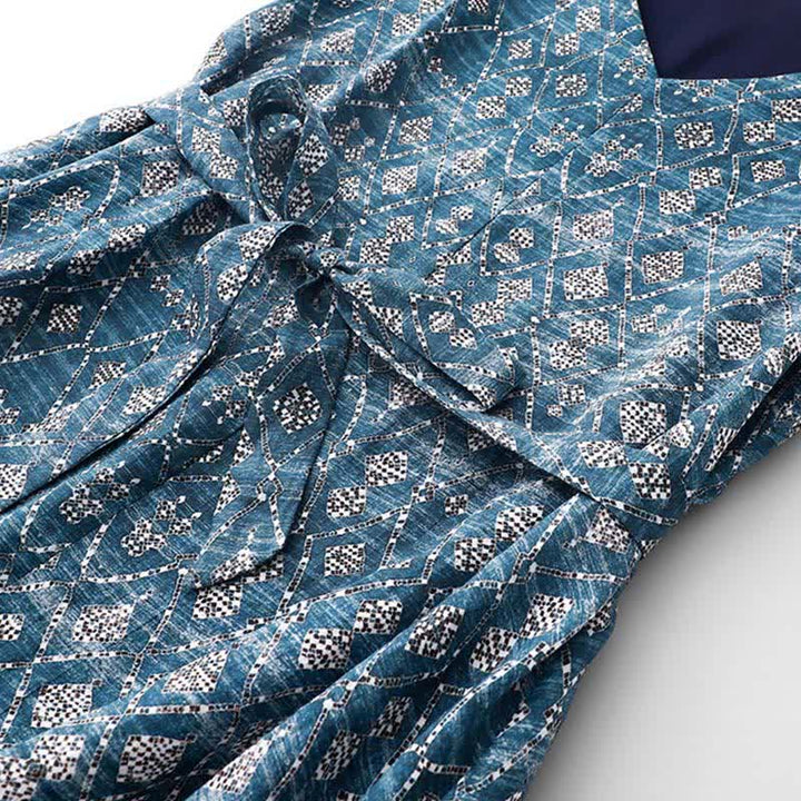 Buddha Stones Robe d'été bohème bleue à cordon de serrage et motifs géométriques, sans manches et avec poches, pour femme - image 4