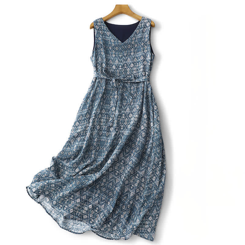 Buddha Stones Robe d'été bohème bleue à cordon de serrage et motifs géométriques, sans manches et avec poches, pour femme - CadetBlue - US12, UK/AU16, EU44 (2XL) - image 0