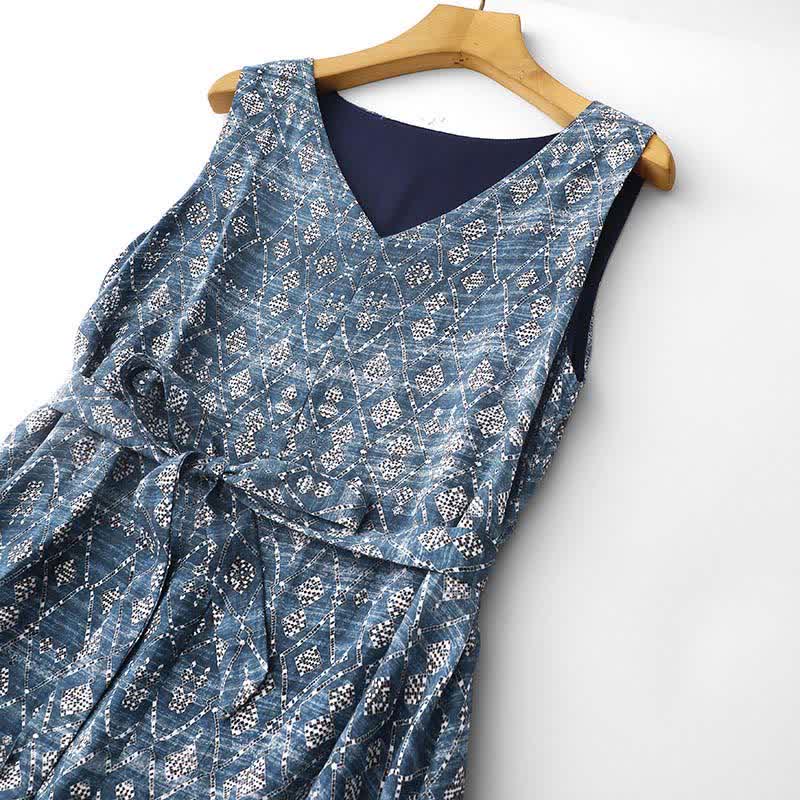 Buddha Stones Robe d'été bohème bleue à cordon de serrage et motifs géométriques, sans manches et avec poches, pour femme - image 2