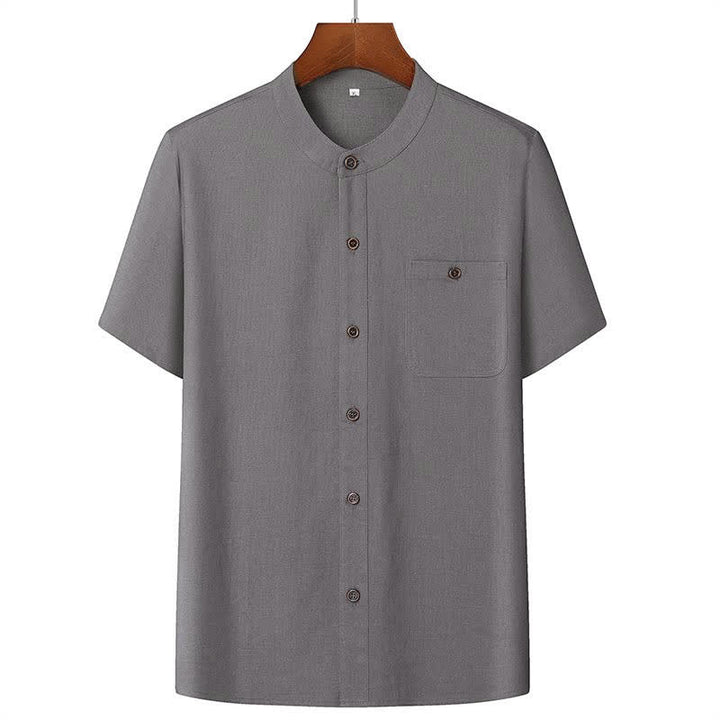 Buddha Stones Ensemble homme décontracté d'été : chemise à manches courtes unie à col mandarin et pantalon à cordon de serrage avec poches - Chemise gris foncé - US/UK/AU46，EU56 (5XL) - image 4