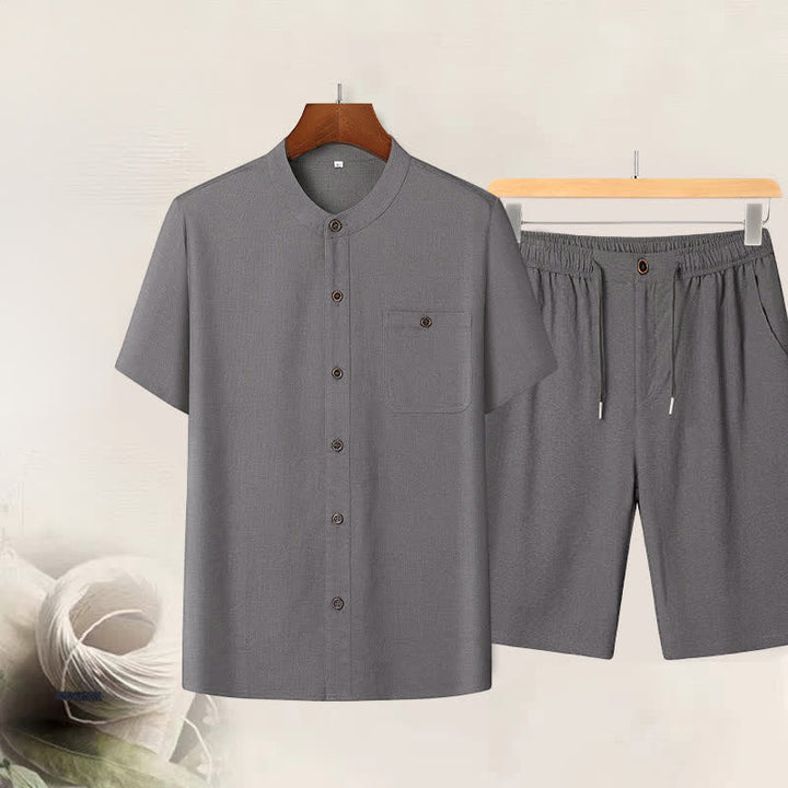 Buddha Stones Ensemble homme décontracté d'été : chemise à manches courtes unie à col mandarin et pantalon à cordon de serrage avec poches - Chemise et pantalon gris foncé - US/UK/AU46，EU56 (5XL) - image 0