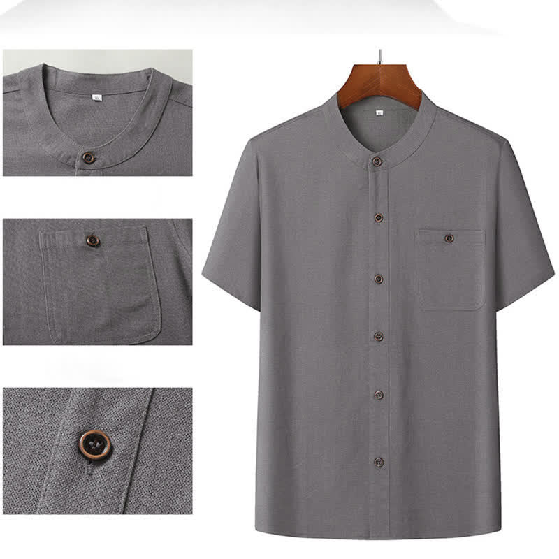 Buddha Stones Ensemble homme décontracté d'été : chemise à manches courtes unie à col mandarin et pantalon à cordon de serrage avec poches - image 5