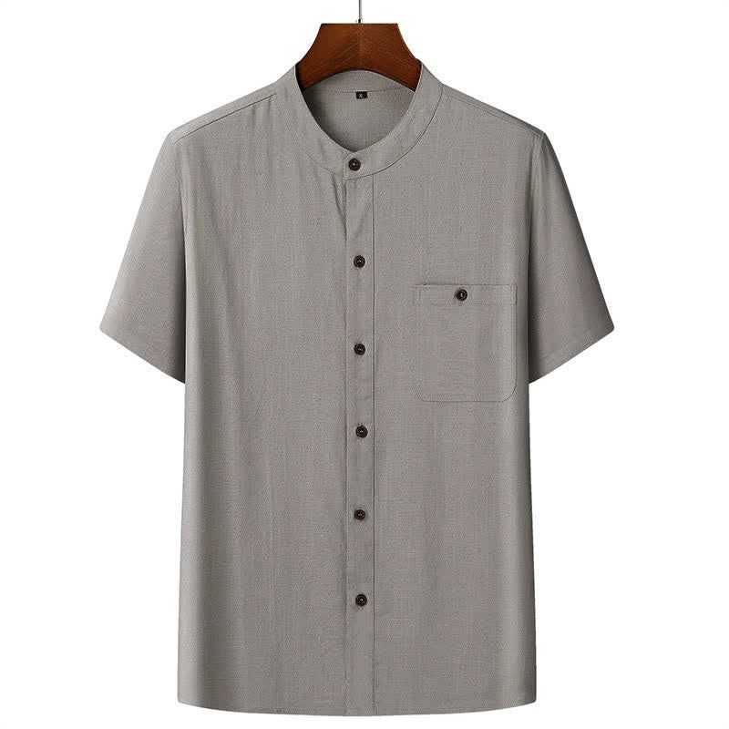 Buddha Stones Ensemble homme décontracté d'été : chemise à manches courtes unie à col mandarin et pantalon à cordon de serrage avec poches - Chemise gris clair - US/UK/AU46，EU56 (5XL) - image 12