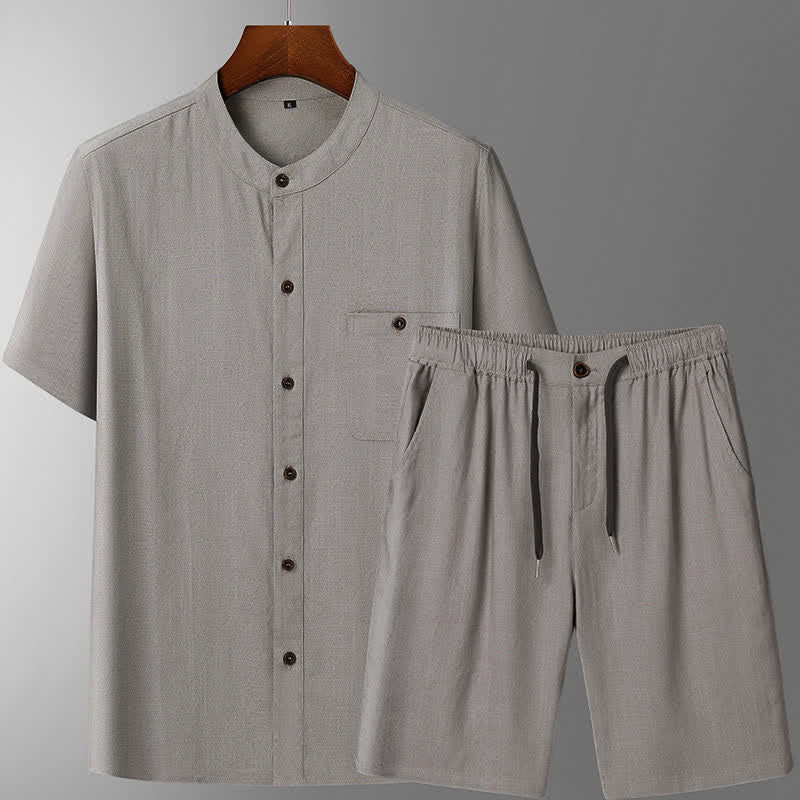 Buddha Stones Ensemble homme décontracté d'été : chemise à manches courtes unie à col mandarin et pantalon à cordon de serrage avec poches - Chemise et pantalon gris clair - US/UK/AU46，EU56 (5XL) - image 3