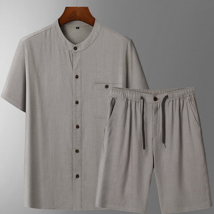 Buddha Stones Ensemble homme décontracté d'été : chemise à manches courtes unie à col mandarin et pantalon à cordon de serrage avec poches - Chemise et pantalon gris clair - US/UK/AU46，EU56 (5XL) - image 3