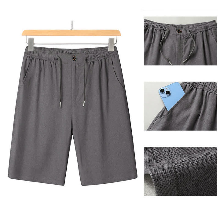 Buddha Stones Ensemble homme décontracté d'été : chemise à manches courtes unie à col mandarin et pantalon à cordon de serrage avec poches - image 14