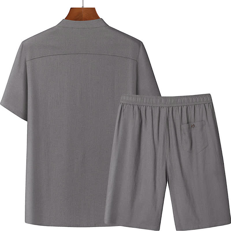 Buddha Stones Ensemble homme décontracté d'été : chemise à manches courtes unie à col mandarin et pantalon à cordon de serrage avec poches - image 2