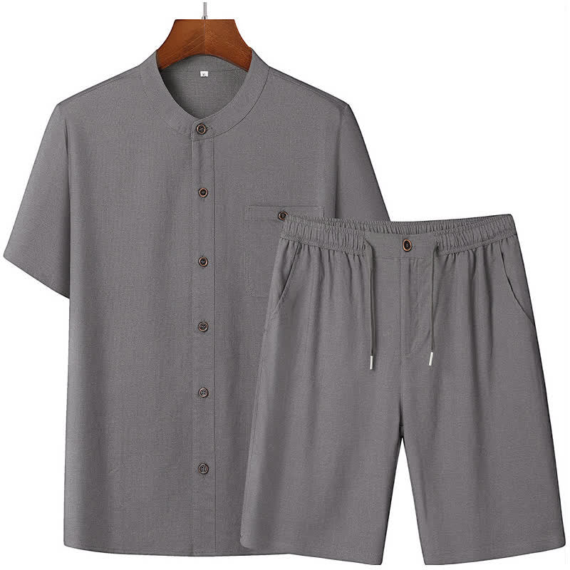 Buddha Stones Ensemble homme décontracté d'été : chemise à manches courtes unie à col mandarin et pantalon à cordon de serrage avec poches - image 1