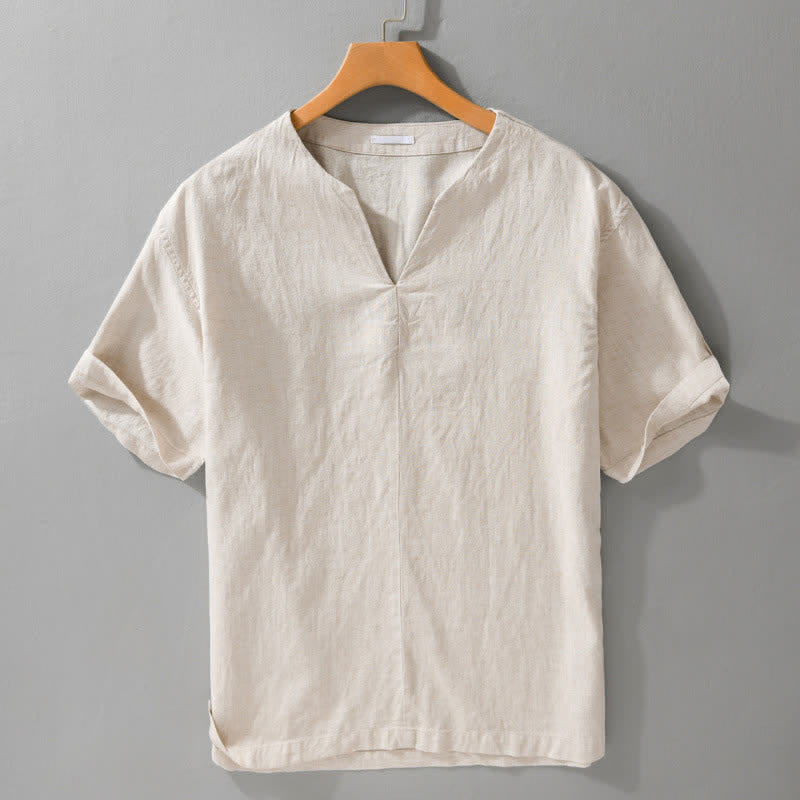 Buddha Stones T-shirts d'été minimalistes unis à col en V pour hommes, manches courtes - Lin - US/UK/AU42，EU52 (3XL) - image 0