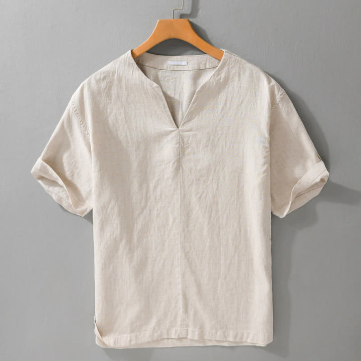 Buddha Stones T-shirts d'été minimalistes unis à col en V pour hommes, manches courtes - Lin - US/UK/AU42，EU52 (3XL) - image 0