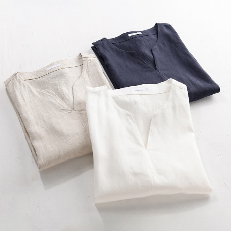 Buddha Stones T-shirts d'été minimalistes unis à col en V pour hommes, manches courtes - image 16