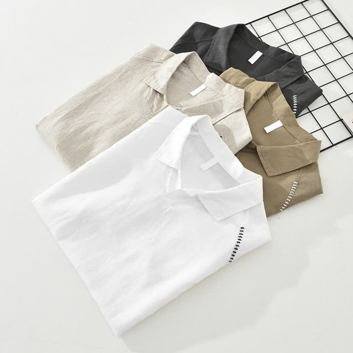 Buddha Stones Chemises d'été minimalistes à manches courtes, col à revers et fente latérale, style décontracté, pour hommes - image 15