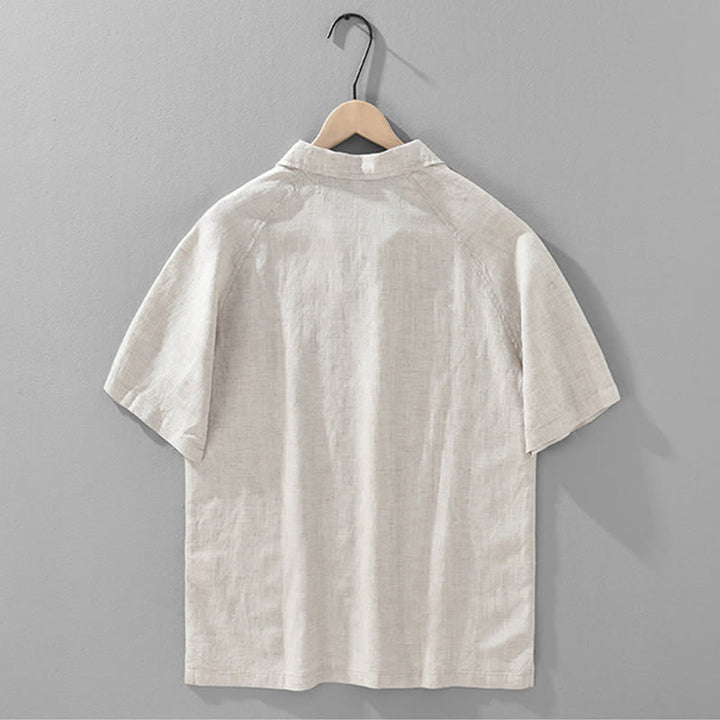 Buddha Stones Chemises d'été minimalistes à manches courtes, col à revers et fente latérale, style décontracté, pour hommes - image 3