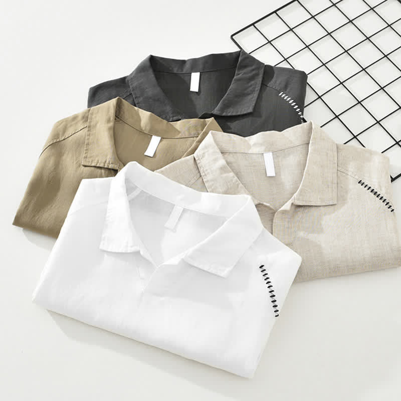 Buddha Stones Chemises d'été minimalistes à manches courtes, col à revers et fente latérale, style décontracté, pour hommes - image 14