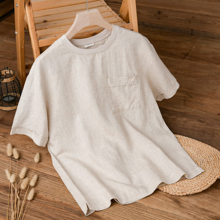 Buddha Stones T-shirts d'été minimalistes et décontractés pour hommes, à manches courtes et poches plaquées. - Lin - US/UK/AU42，EU52 (3XL) - image 0