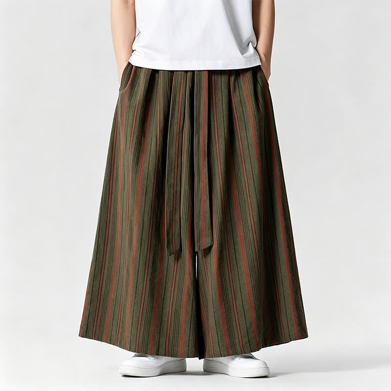 Buddha Stones Pantalon rayé vintage d'été à cordon de serrage et chevilles, jambes larges, avec poches - image 1