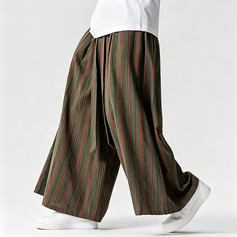 Buddha Stones Pantalon rayé vintage d'été à cordon de serrage et chevilles, jambes larges, avec poches - Vert olive foncé - US/UK/AU42，EU52 (3XL) - image 0