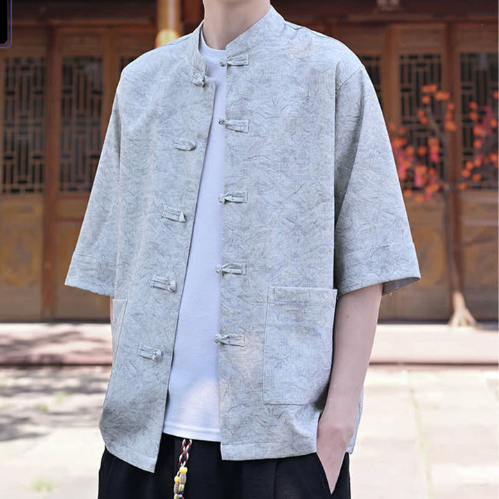 Buddha Stones Chemise d'été pour homme, col mandarin, boutons brandebourg, manches courtes, couleur unie, avec poche - image 2