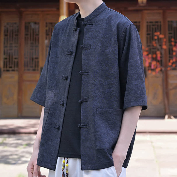 Buddha Stones Chemise d'été pour homme, col mandarin, boutons brandebourg, manches courtes, couleur unie, avec poche - image 10