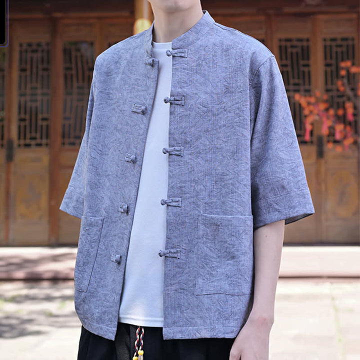 Buddha Stones Chemise d'été pour homme, col mandarin, boutons brandebourg, manches courtes, couleur unie, avec poche - image 16