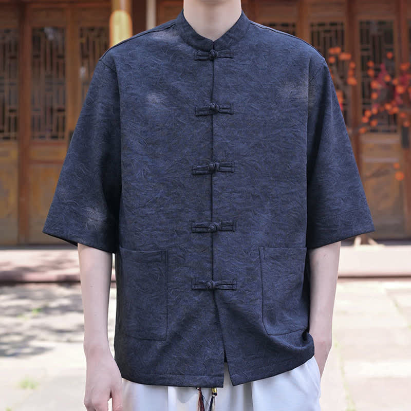 Buddha Stones Chemise d'été pour homme, col mandarin, boutons brandebourg, manches courtes, couleur unie, avec poche - Bleu nuit - US/UK/AU46，EU56 (5XL) - image 7