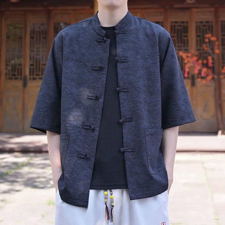 Buddha Stones Chemise d'été pour homme, col mandarin, boutons brandebourg, manches courtes, couleur unie, avec poche - image 12