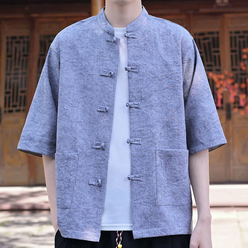 Buddha Stones Chemise d'été pour homme, col mandarin, boutons brandebourg, manches courtes, couleur unie, avec poche - image 15