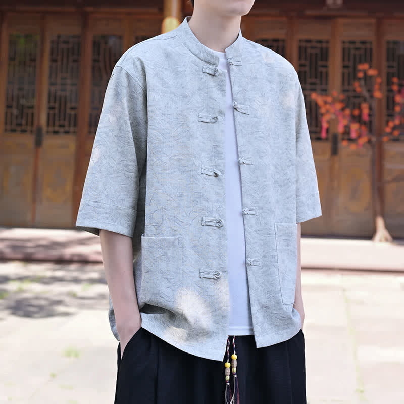 Buddha Stones Chemise d'été pour homme, col mandarin, boutons brandebourg, manches courtes, couleur unie, avec poche - image 1