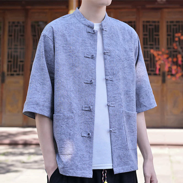 Buddha Stones Chemise d'été pour homme, col mandarin, boutons brandebourg, manches courtes, couleur unie, avec poche - Bleuet - US/UK/AU46，EU56 (5XL) - image 14