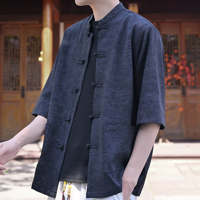 Buddha Stones Chemise d'été pour homme, col mandarin, boutons brandebourg, manches courtes, couleur unie, avec poche - image 11