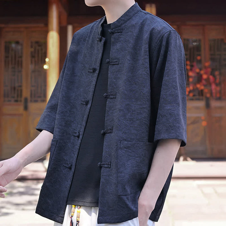 Buddha Stones Chemise d'été pour homme, col mandarin, boutons brandebourg, manches courtes, couleur unie, avec poche - image 11