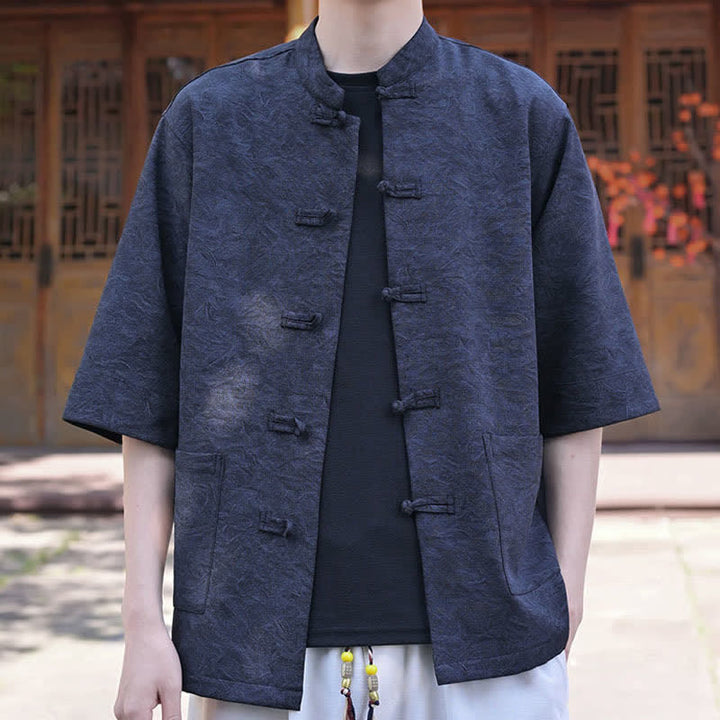 Buddha Stones Chemise d'été pour homme, col mandarin, boutons brandebourg, manches courtes, couleur unie, avec poche - image 8