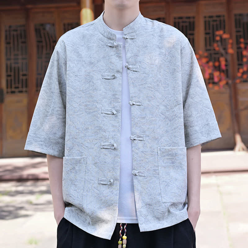 Buddha Stones Chemise d'été pour homme, col mandarin, boutons brandebourg, manches courtes, couleur unie, avec poche - Bleu clair - US/UK/AU46，EU56 (5XL) - image 0