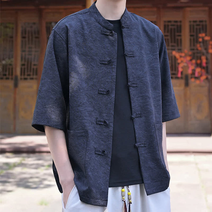 Buddha Stones Chemise d'été pour homme, col mandarin, boutons brandebourg, manches courtes, couleur unie, avec poche - image 9