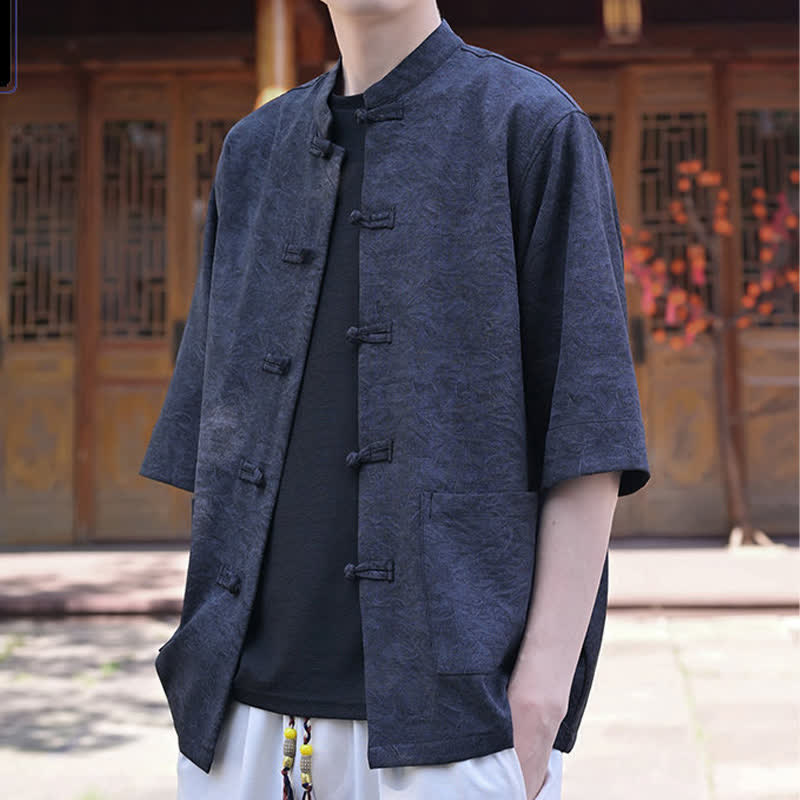Buddha Stones Chemise d'été pour homme, col mandarin, boutons brandebourg, manches courtes, couleur unie, avec poche - image 13