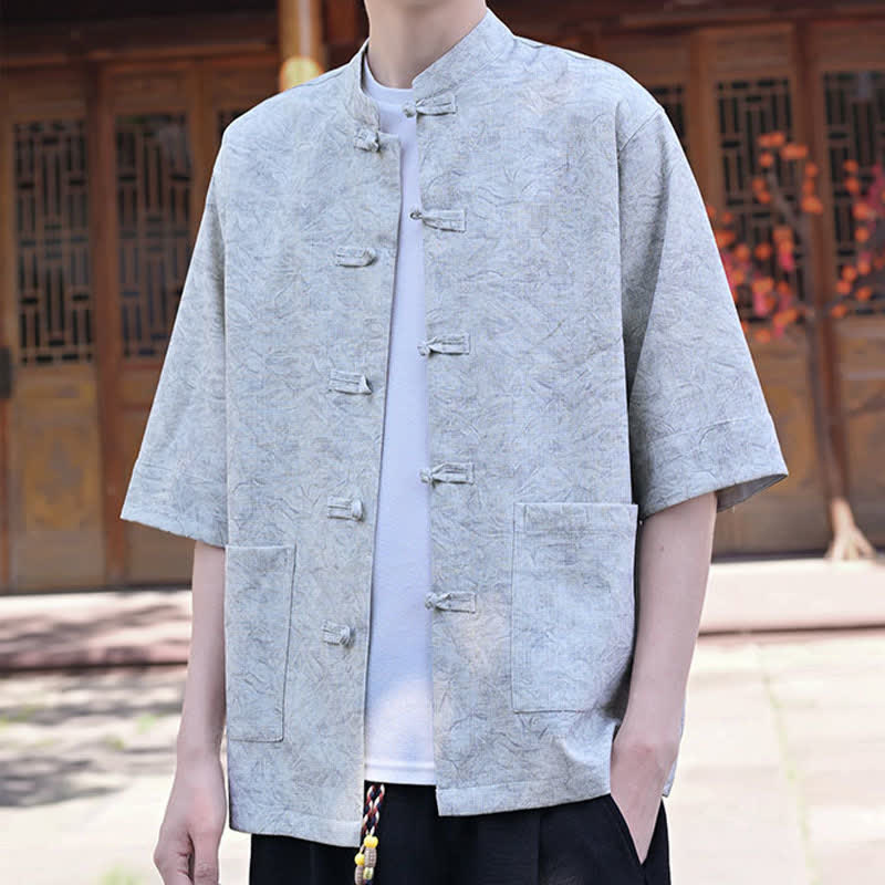 Buddha Stones Chemise d'été pour homme, col mandarin, boutons brandebourg, manches courtes, couleur unie, avec poche - image 5