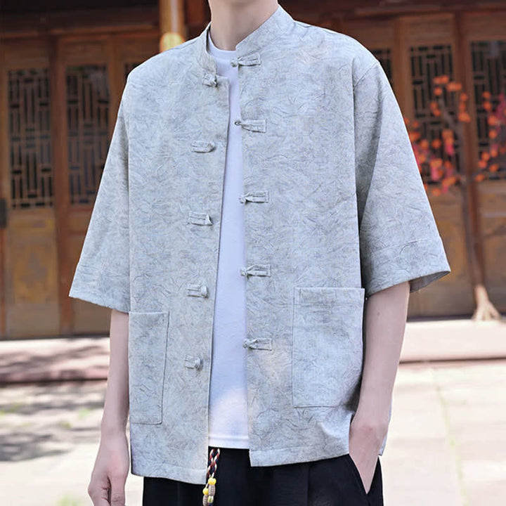 Buddha Stones Chemise d'été pour homme, col mandarin, boutons brandebourg, manches courtes, couleur unie, avec poche - image 5