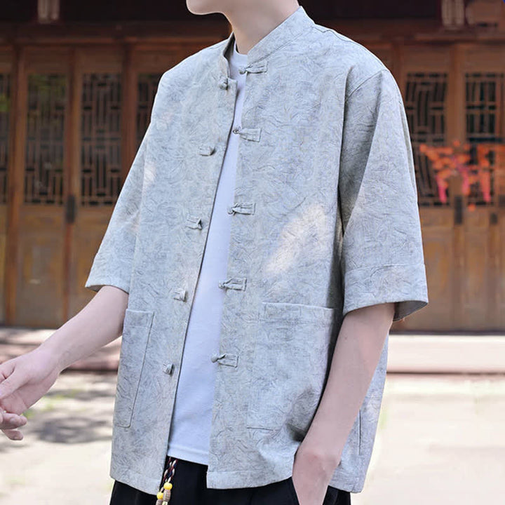 Buddha Stones Chemise d'été pour homme, col mandarin, boutons brandebourg, manches courtes, couleur unie, avec poche - image 4