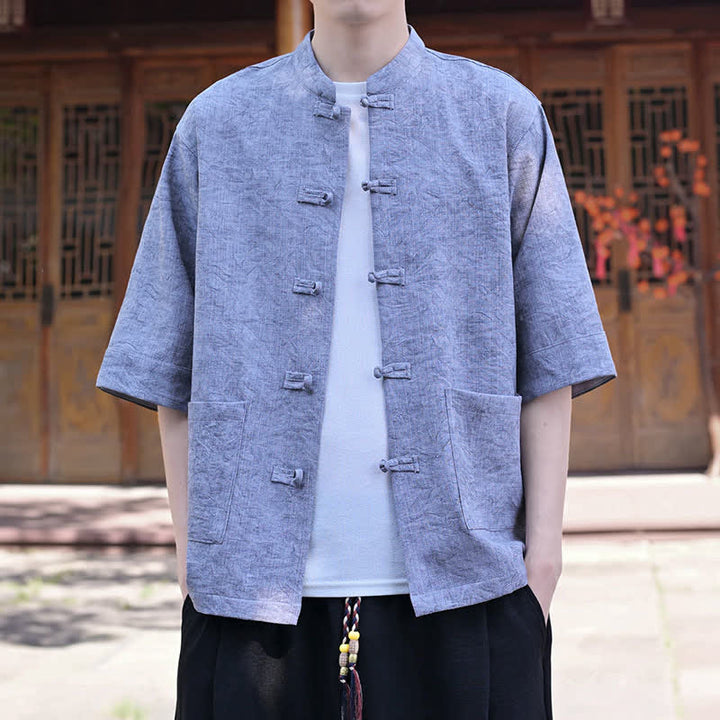 Buddha Stones Chemise d'été pour homme, col mandarin, boutons brandebourg, manches courtes, couleur unie, avec poche - image 19