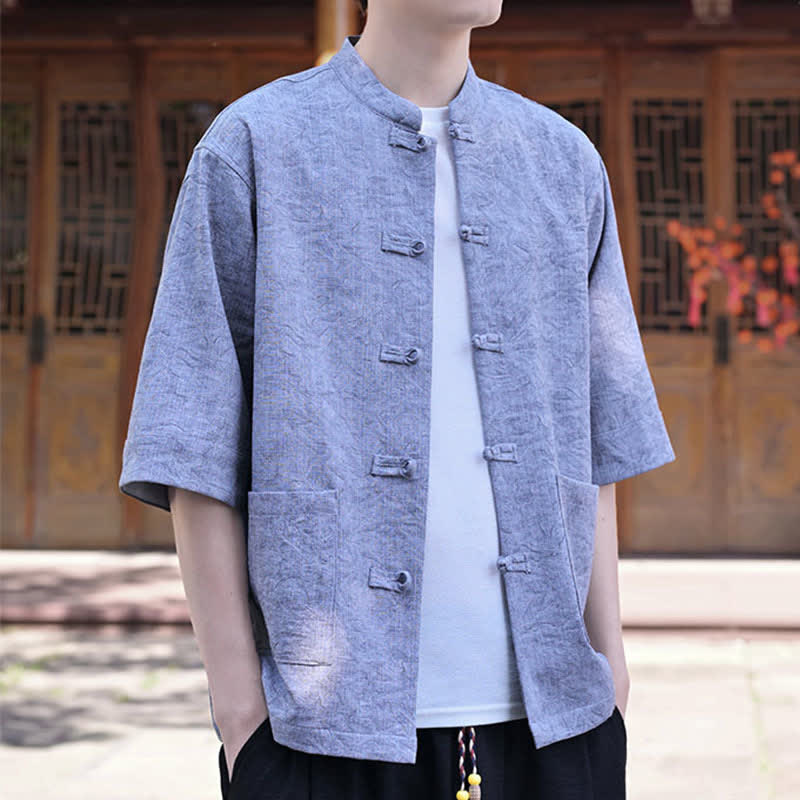 Buddha Stones Chemise d'été pour homme, col mandarin, boutons brandebourg, manches courtes, couleur unie, avec poche - image 17